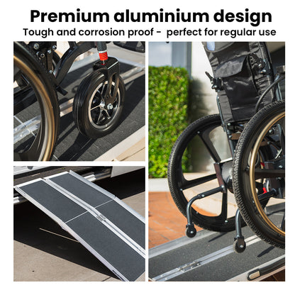 Equipmed 123cm portable folding aluminum access ramp in black with ultra-grip surface, rated for 272kg, for wheelchair and mobility scooter.