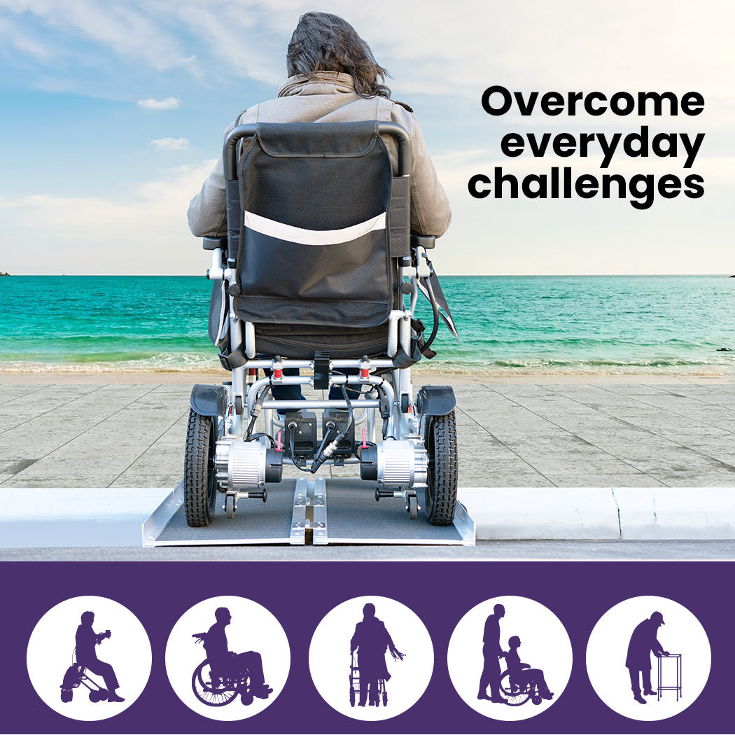 Equipmed 123cm portable folding aluminium access ramp in black with ultra-grip surface for wheelchair and mobility scooter access.