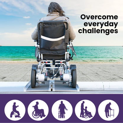 Equipmed 123cm portable folding aluminium access ramp in black with ultra-grip surface for wheelchair and mobility scooter access.
