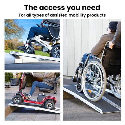 Equipmed 123cm black portable aluminum wheelchair ramp with ultra-grip surface, rated for 272kg, for mobility scooter or wheelchair access.