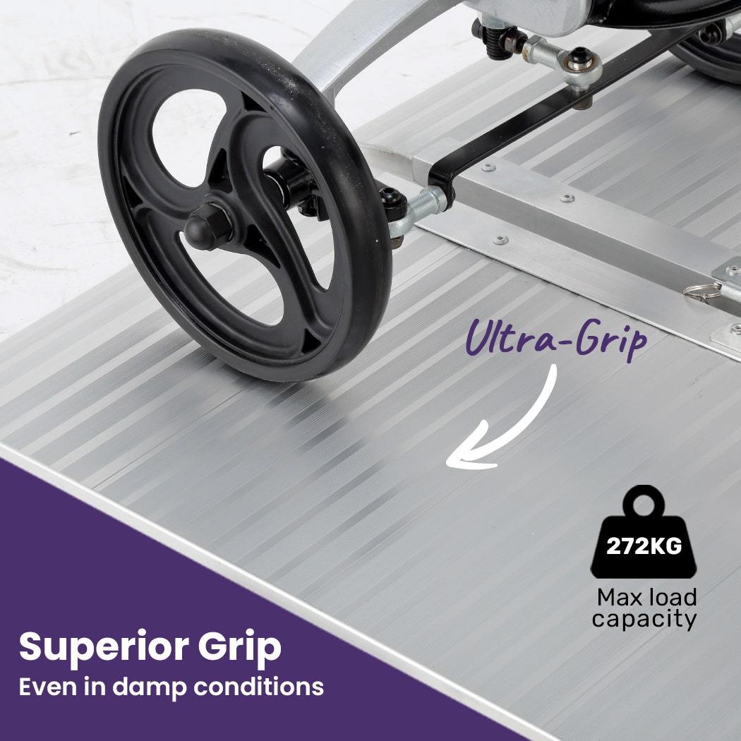 Hlpmedical EQUIPMED 152cm portable folding aluminium access ramp with 272kg weight capacity for wheelchair, scooter, or rollator.