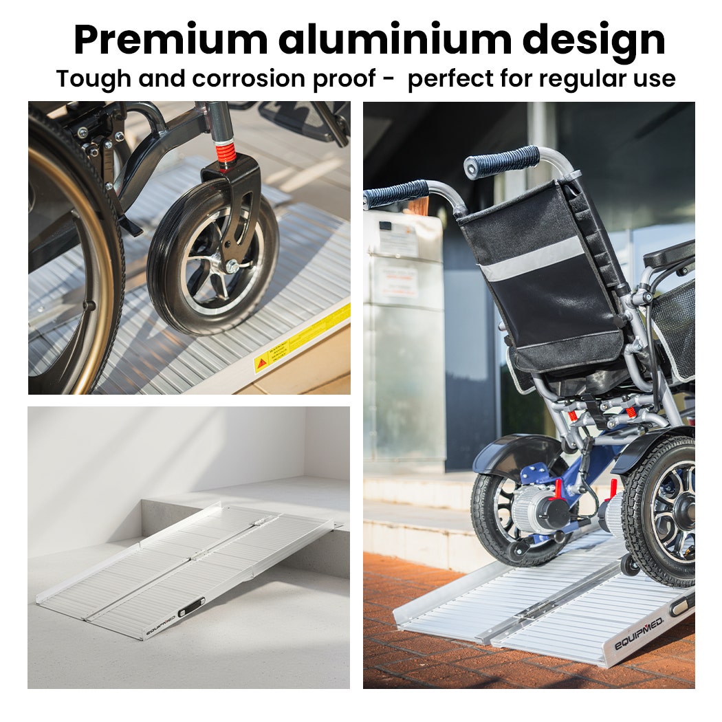 Hlpmedical EQUIPMED 152cm portable folding aluminium access ramp for wheelchair, scooter, or rollator, rated 272kg, in use.