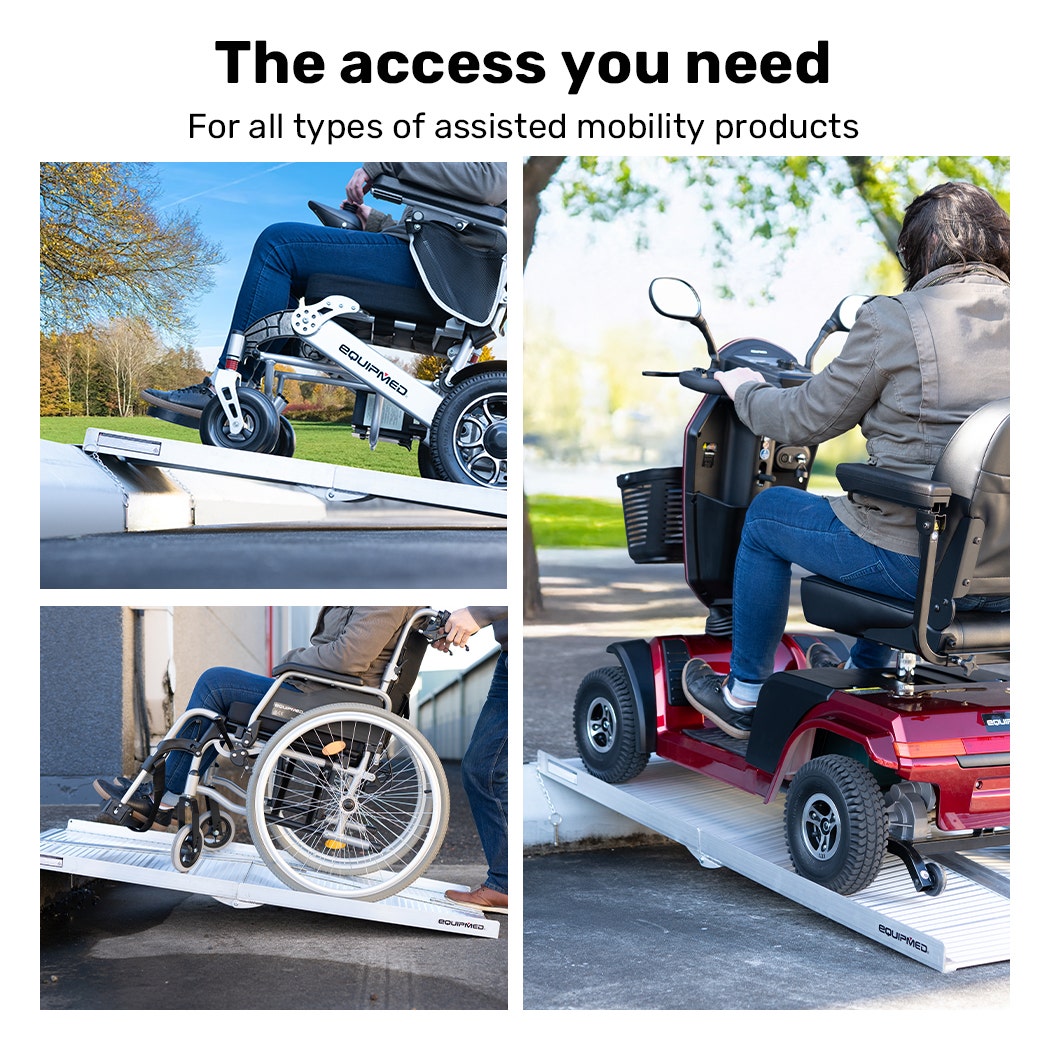 Hlpmedical EQUIPMED 152cm portable folding aluminum access ramp for wheelchair, mobility scooter, and rollator, rated for 272kg.