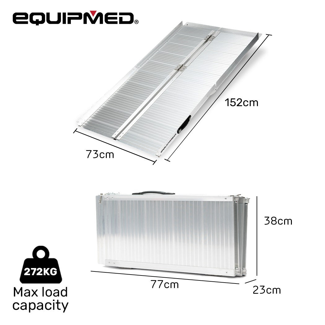 Hlpmedical EQUIPMED 152cm portable folding aluminium access ramp with 272kg weight capacity for wheelchair, scooter, or rollator.