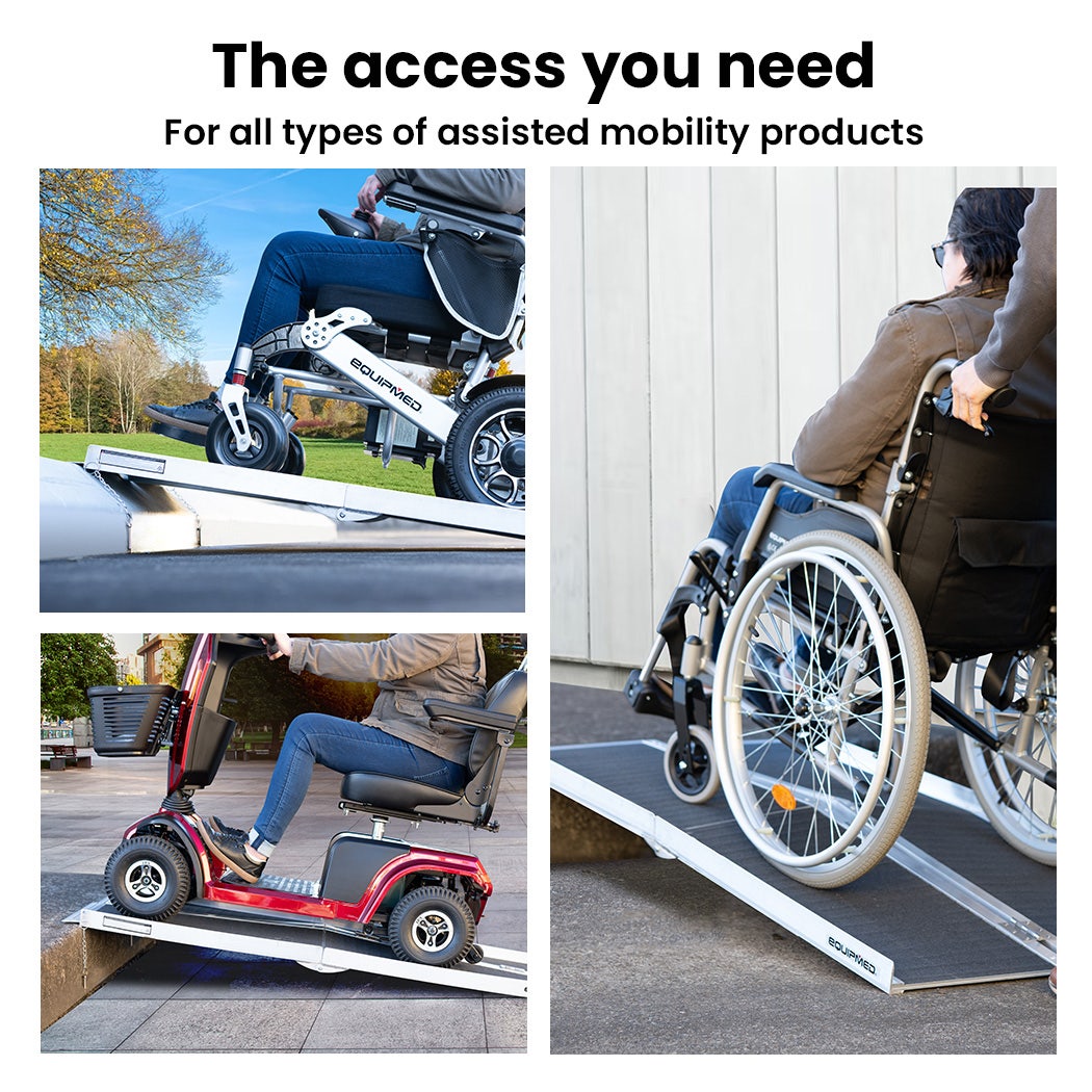 Hlpmedical EQUIPMED 152cm portable folding aluminium access ramp for wheelchair, mobility scooter, and rollator, rated 272kg.