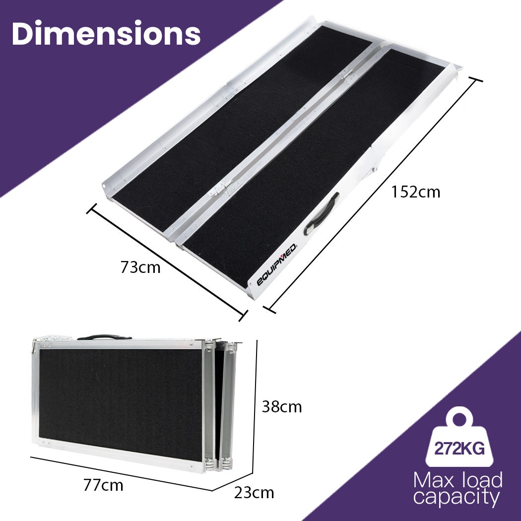 Hlpmedical EQUIPMED 152cm portable folding aluminium access ramp with 272kg weight capacity for wheelchairs and mobility scooters.