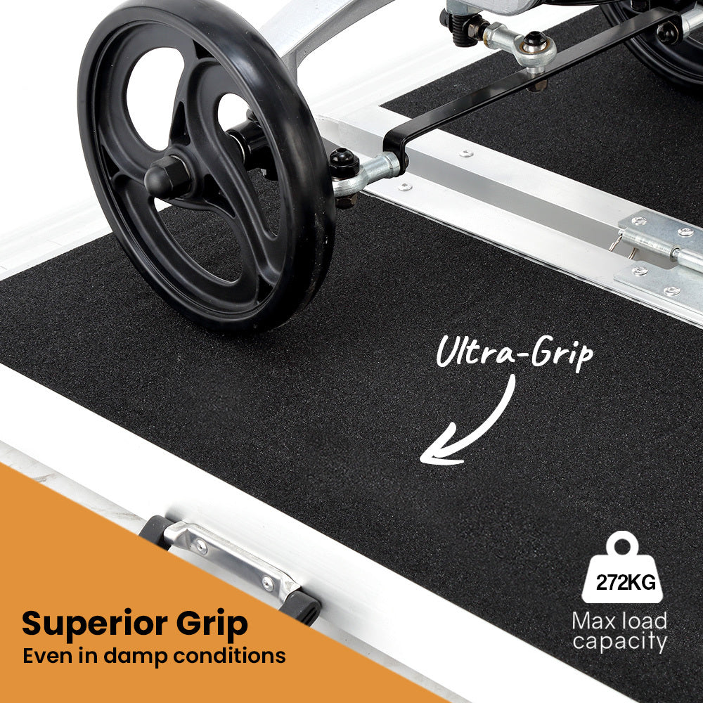 Hlpmedical EQUIPMED 182cm portable folding aluminium access ramp with black ultra-grip surface for wheelchair and mobility scooter use.