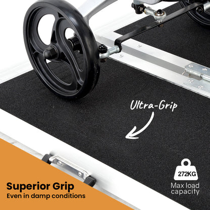 Hlpmedical EQUIPMED 182cm portable folding aluminium access ramp with black ultra-grip surface for wheelchair and mobility scooter use.