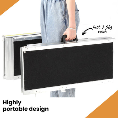 Hlpmedical EQUIPMED 182cm portable folding aluminum access ramp with black ultra-grip surface for wheelchair and mobility scooter use.