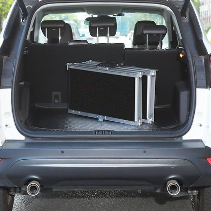 Black EQUIPMED 182cm portable folding aluminum access ramp with ultra-grip surface for wheelchair and mobility scooter use.