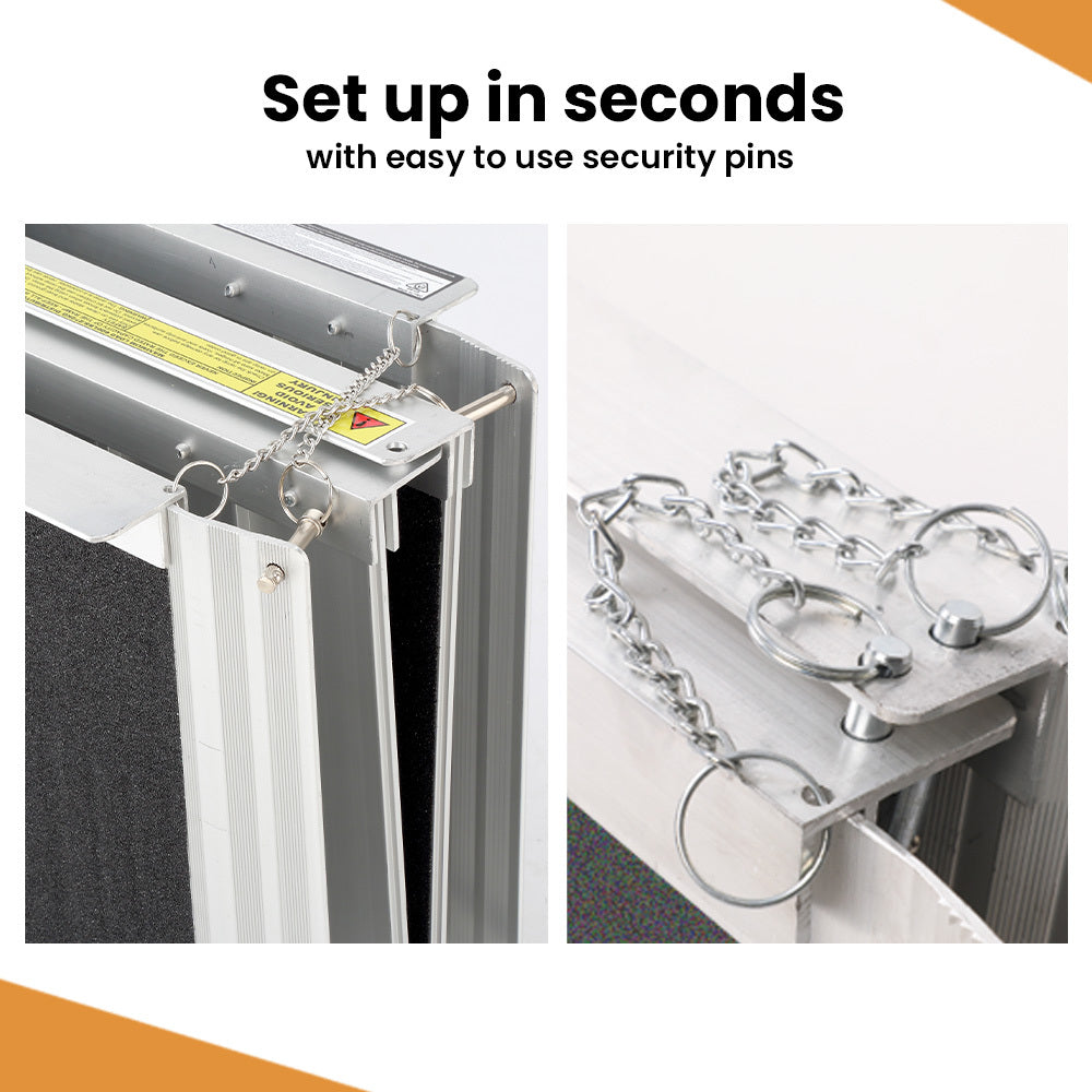 Hlpmedical EQUIPMED 182cm portable folding aluminium access ramp with black ultra-grip surface for wheelchair and mobility scooter.