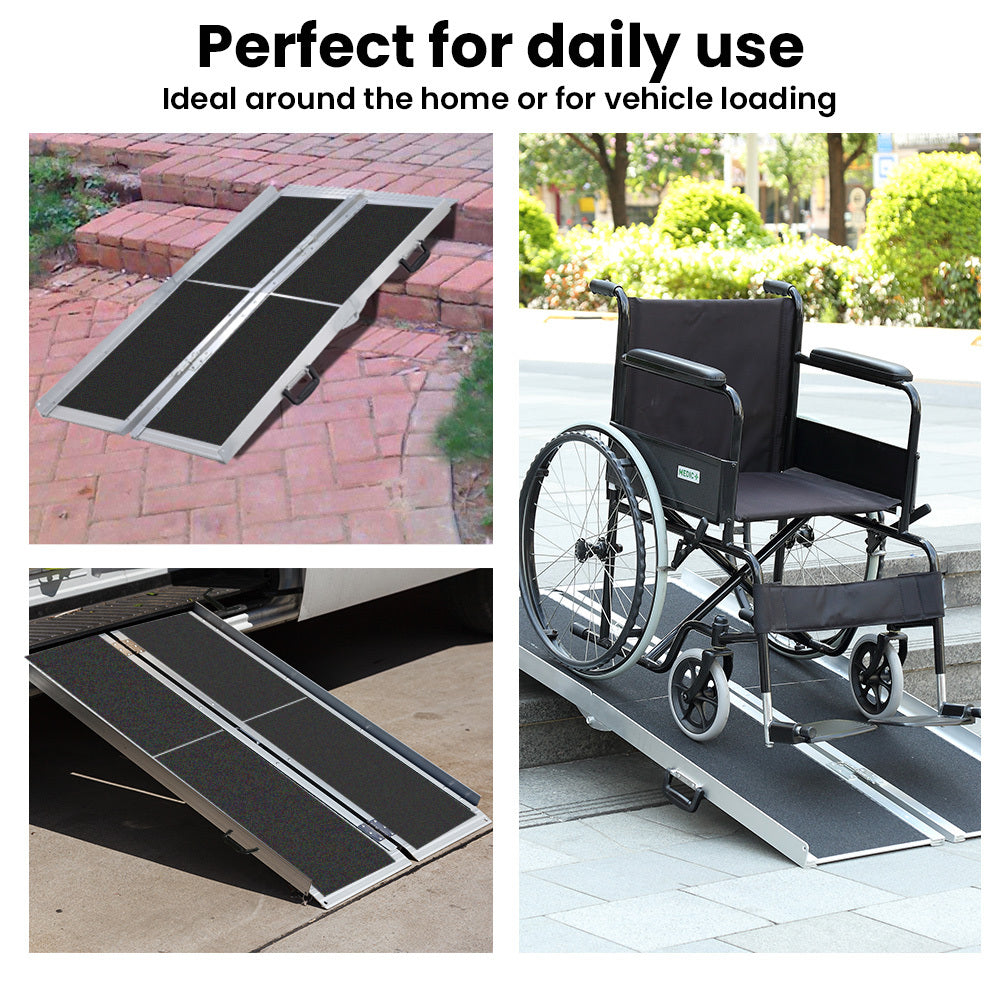 Hlpmedical EquipMed 182cm black portable folding aluminium access ramp with ultra-grip surface for wheelchairs and mobility scooters.