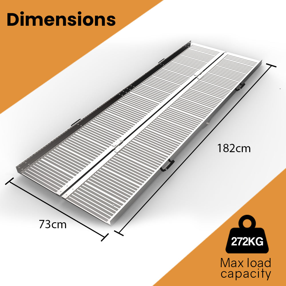 Portable EQUIPMED 182cm aluminum folding access ramp for wheelchairs, mobility scooters, and rollators, rated for 272kg.