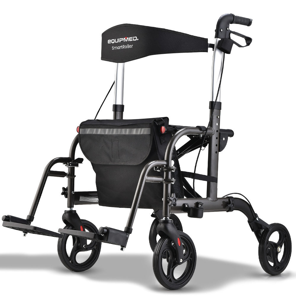 Hlpmedical EQUIPMED 2-in-1 foldable aluminium walking frame rollator and transit wheelchair in titanium color with bag