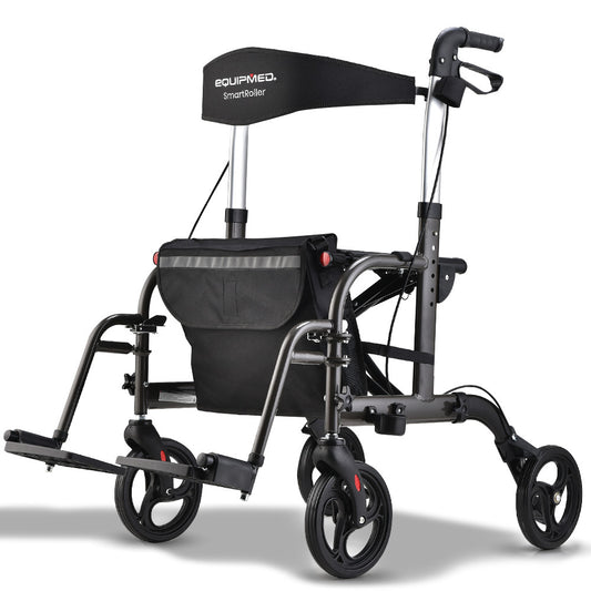 Hlpmedical EQUIPMED 2-in-1 foldable aluminium walking frame rollator and transit wheelchair in titanium color with bag