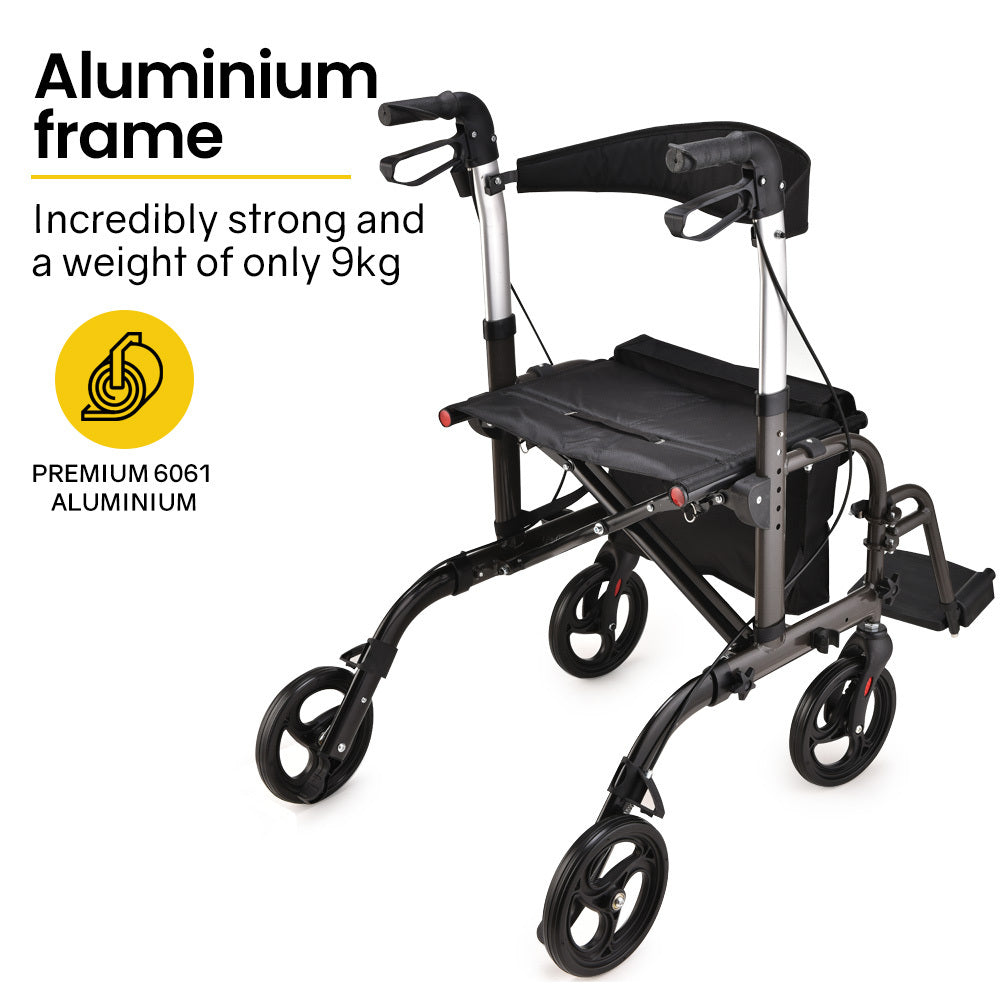 Hlpmedical EQUIPMED 2-in-1 foldable aluminium walking frame rollator and transit wheelchair in titanium color with bag