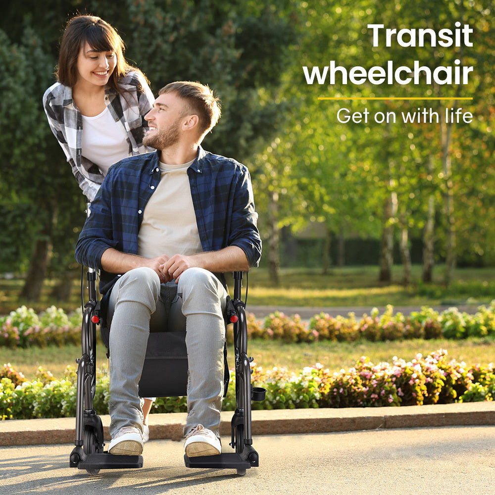 Hlpmedical EQUIPMED 2-in-1 foldable aluminium walking frame rollator and transit wheelchair in titanium color, with attached storage bag.