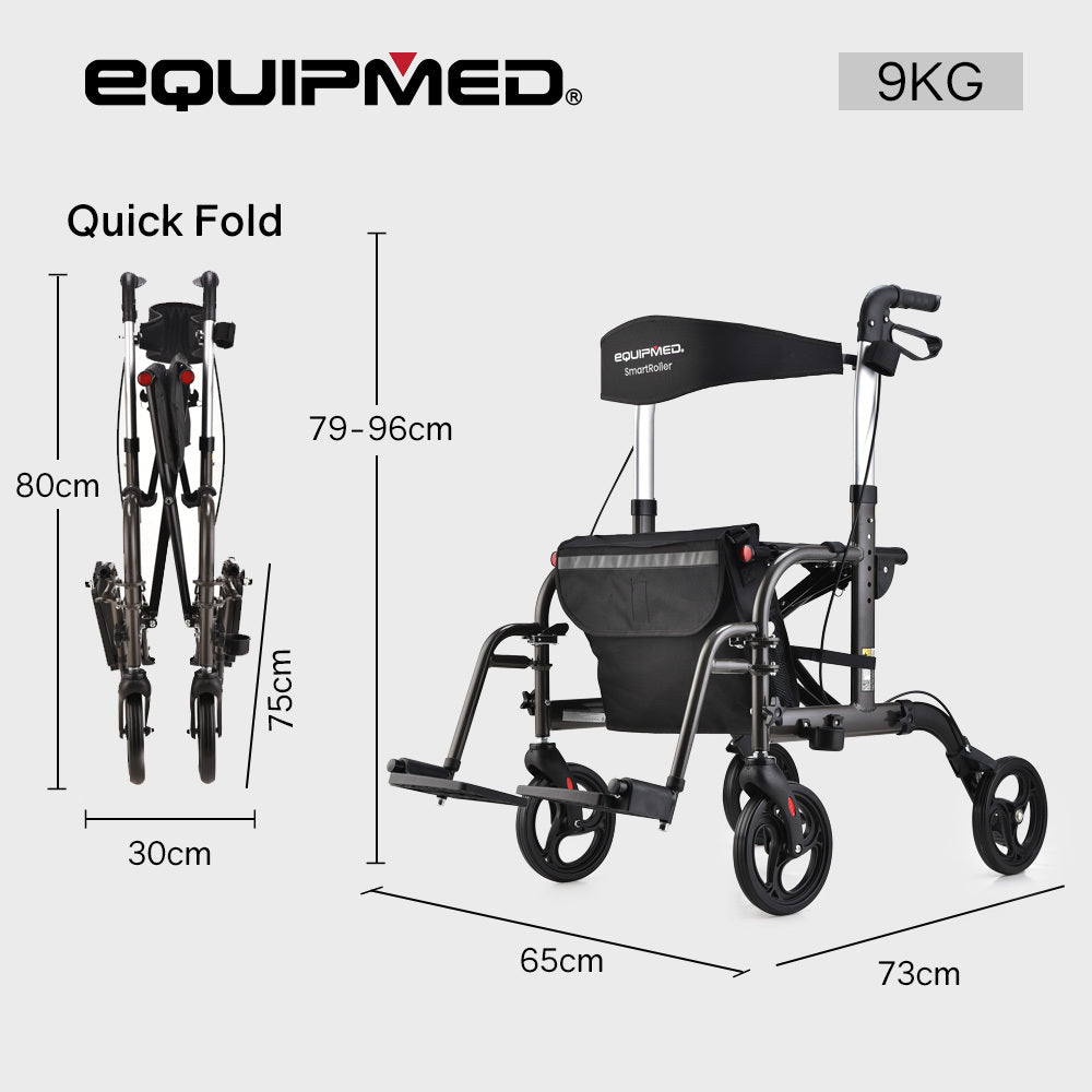 Titanium-colored EQUIPMED 2-in-1 foldable aluminium walking frame rollator and transit wheelchair with storage bag, for mobility.