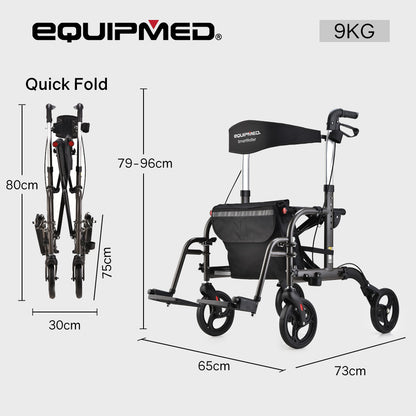 Titanium-colored EQUIPMED 2-in-1 foldable aluminium walking frame rollator and transit wheelchair with storage bag, for mobility.