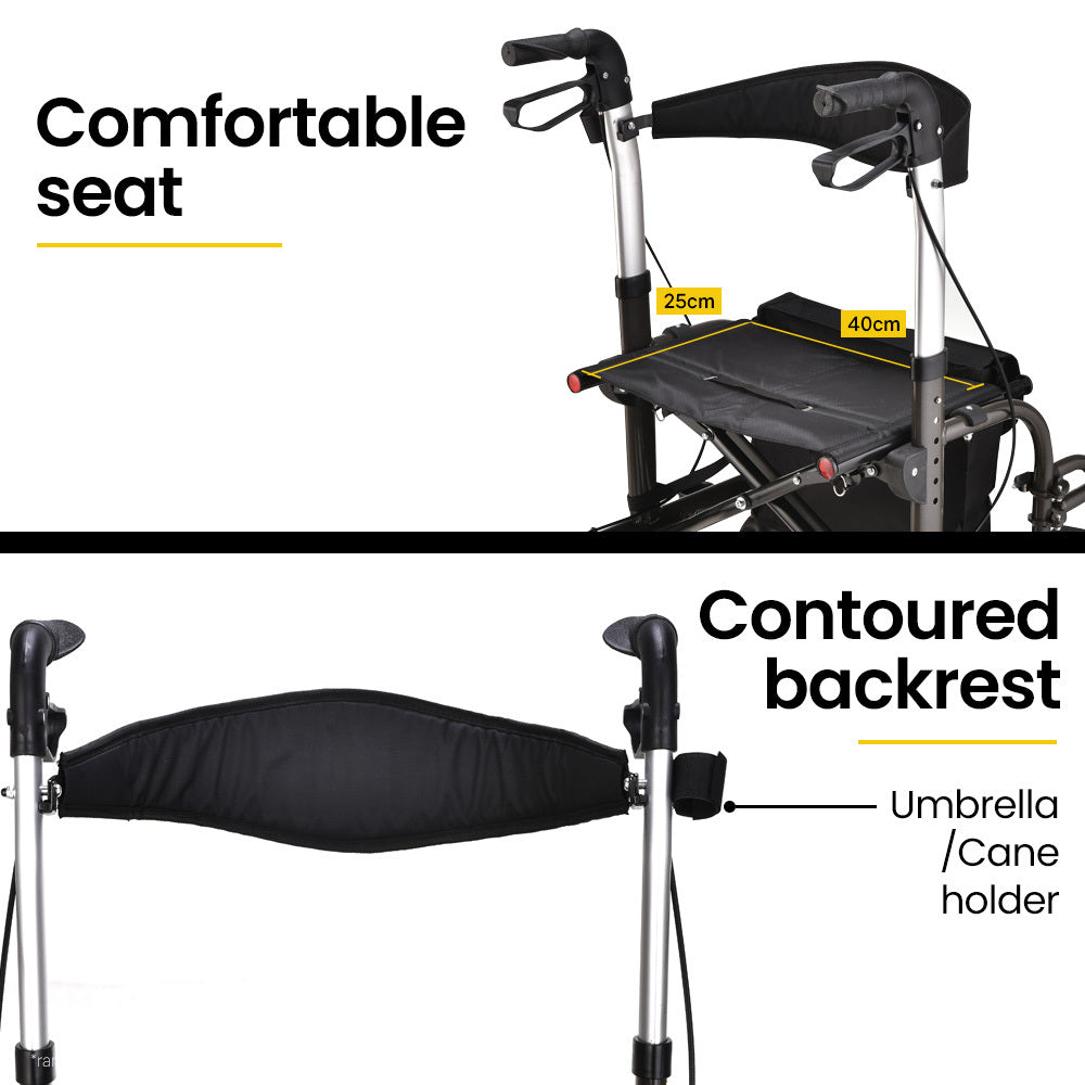 Hlpmedical EQUIPMED 2-in-1 foldable aluminium walking frame and transit wheelchair in titanium color with attached bag.