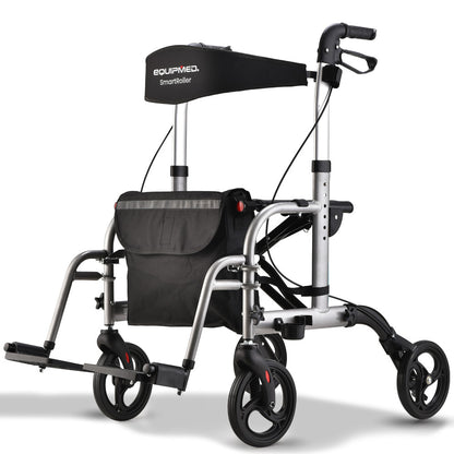 Hlpmedical EQUIPMED 2-in-1 folding rollator wheelchair with adjustable height, park brakes, and storage bag in silver.