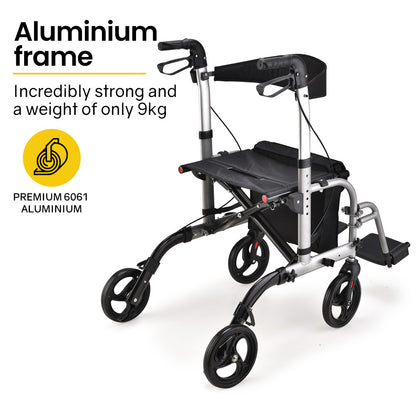 Silver EQUIPMED 2-in-1 folding rollator wheelchair with adjustable height, park brakes, and storage bag for mobility assistance.