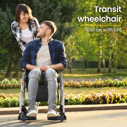 Hlpmedical EQUIPMED 2-in-1 folding rollator wheelchair with adjustable height, park brakes, and storage bag in silver.