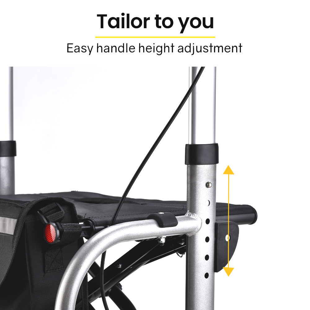 Silver EQUIPMED 2-in-1 folding rollator wheelchair with adjustable height, park brakes, and a storage bag for mobility support.