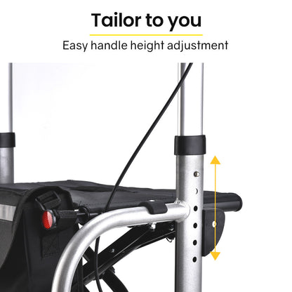 Silver EQUIPMED 2-in-1 folding rollator wheelchair with adjustable height, park brakes, and a storage bag for mobility support.