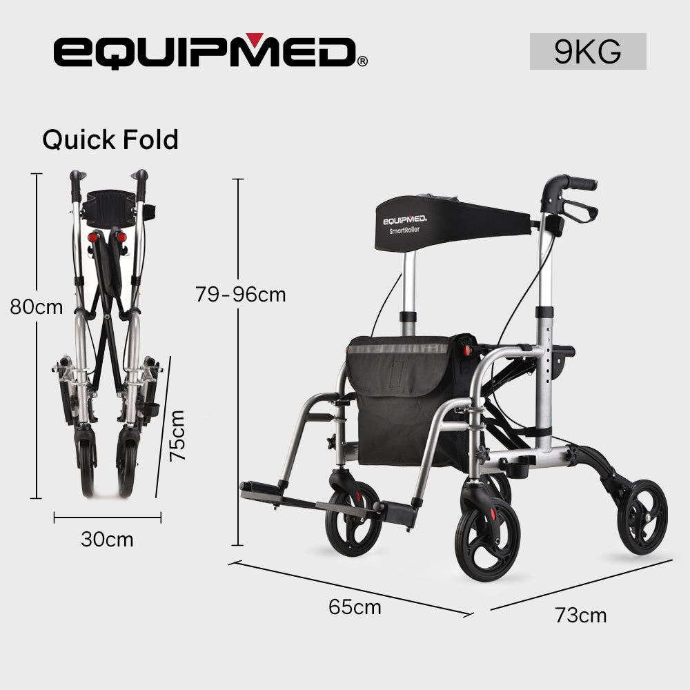 Hlpmedical EQUIPMED 2-in-1 folding rollator wheelchair with adjustable height, park brakes, and carrying bag in silver.