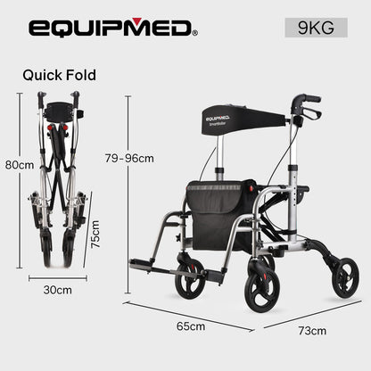 Hlpmedical EQUIPMED 2-in-1 folding rollator wheelchair with adjustable height, park brakes, and carrying bag in silver.