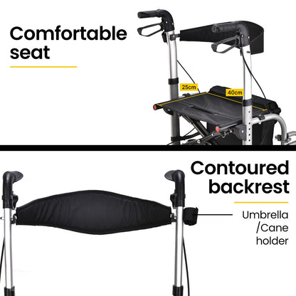 Hlpmedical EQUIPMED 2-in-1 folding rollator wheelchair with adjustable height, park brakes, and storage bag in silver.