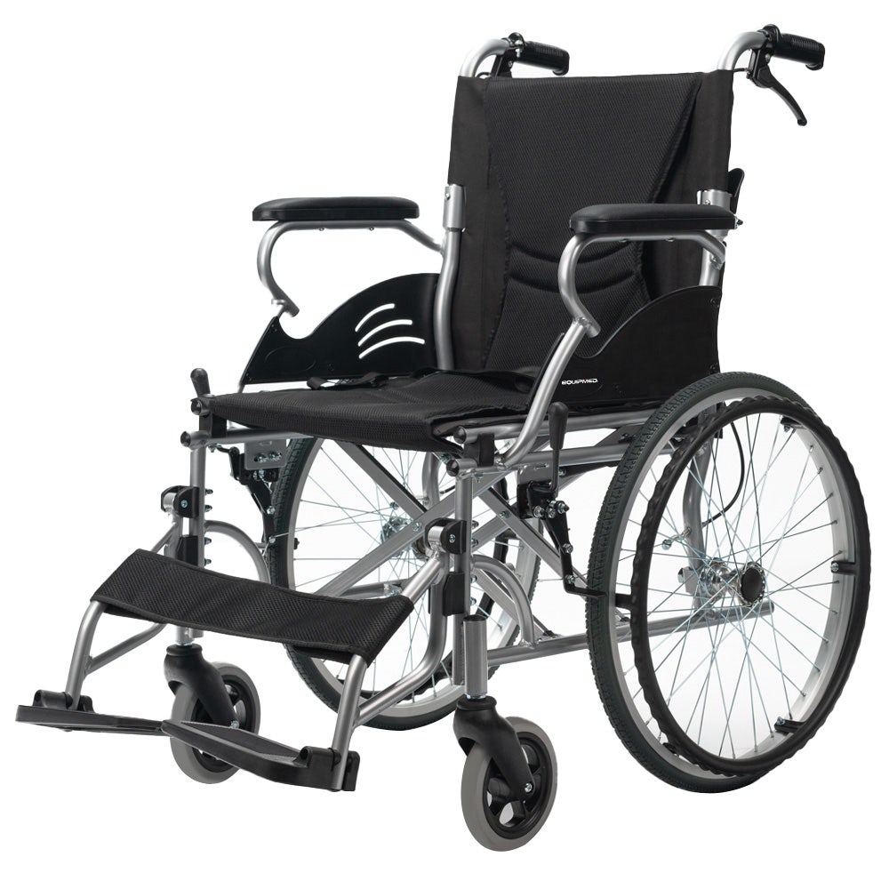 Black EQUIPMED 20-inch lightweight folding wheelchair with aluminium frame and park brakes, designed for mobility and easy transport.
