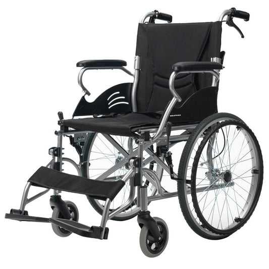 Black EQUIPMED 20-inch lightweight folding wheelchair with aluminium frame and park brakes, designed for mobility and easy transport.