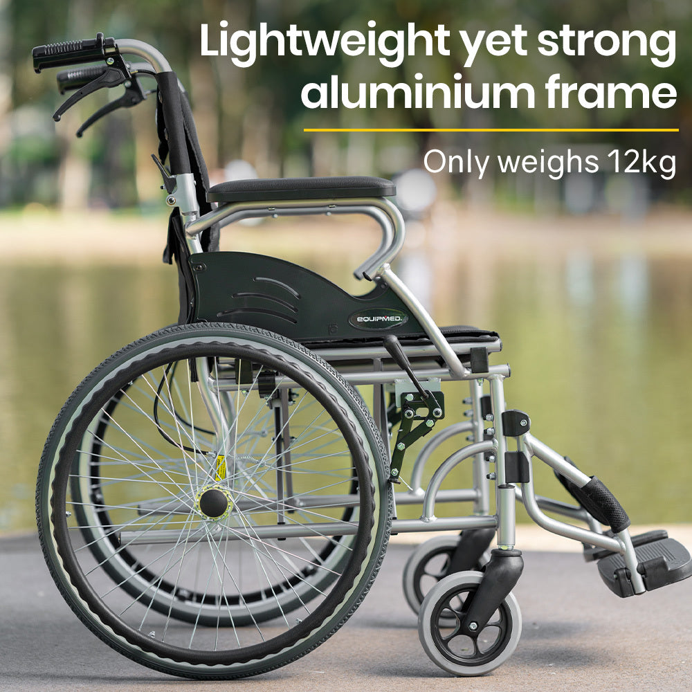 Black EQUIPMED 20-inch lightweight aluminum folding wheelchair with park brakes, suitable for mobility and accessibility needs.