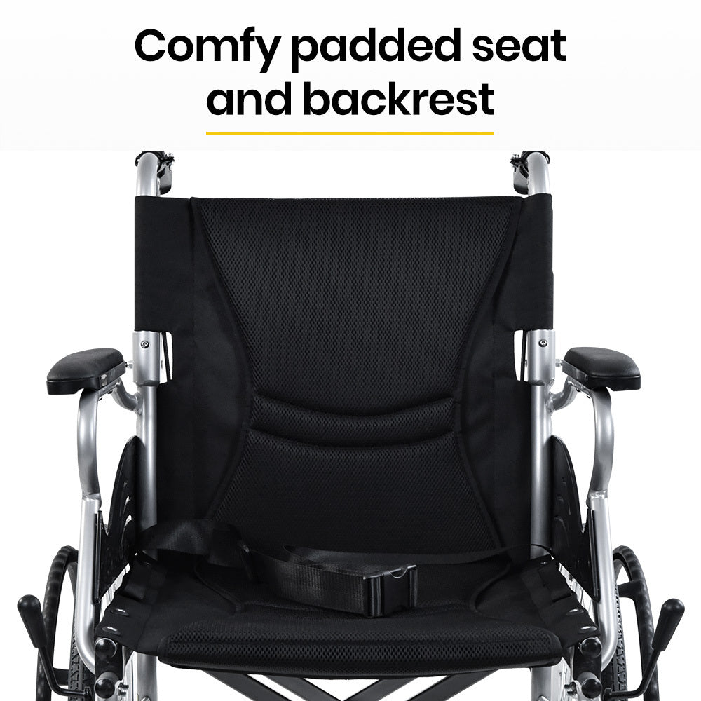 Black EQUIPMED 20-inch folding wheelchair with lightweight aluminum frame and park brakes, suitable for mobility and accessibility needs.