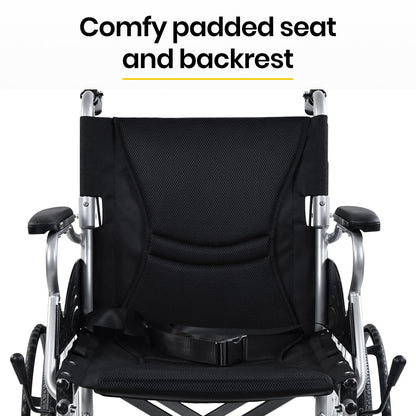 Black EQUIPMED 20-inch folding wheelchair with lightweight aluminum frame and park brakes, suitable for mobility and accessibility needs.