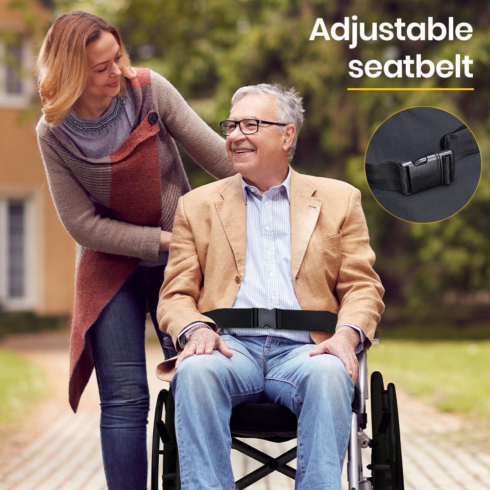 Black EQUIPMED 20-inch lightweight folding wheelchair with aluminium frame and park brakes, designed for easy portability and mobility.