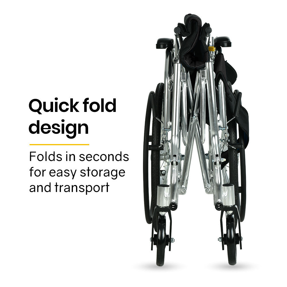 Black EQUIPMED 20-inch lightweight aluminum folding wheelchair with park brakes, designed for easy mobility and portability.