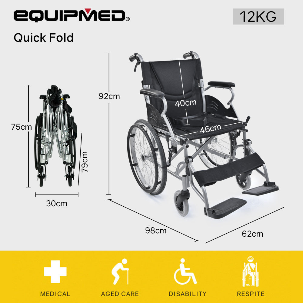 Black EQUIPMED 20-inch lightweight folding wheelchair with aluminium frame and park brakes, designed for easy portability and mobility.