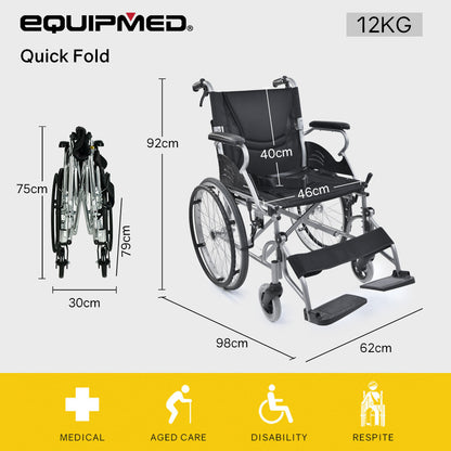 Black EQUIPMED 20-inch lightweight folding wheelchair with aluminium frame and park brakes, designed for easy portability and mobility.