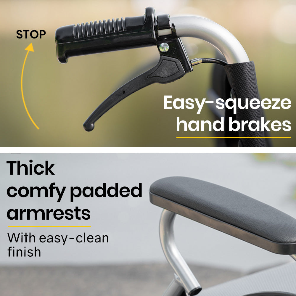 Black EQUIPMED 20-inch folding lightweight aluminium wheelchair with park brakes, designed for portability and easy mobility.