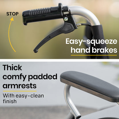 Black EQUIPMED 20-inch folding lightweight aluminium wheelchair with park brakes, designed for portability and easy mobility.