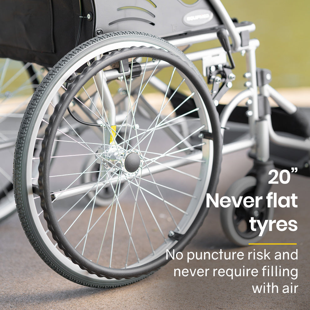 Black EQUIPMED 20-inch lightweight aluminum folding wheelchair with park brakes, designed for mobility and portability.