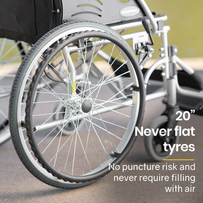 Black EQUIPMED 20-inch lightweight aluminum folding wheelchair with park brakes, designed for mobility and portability.
