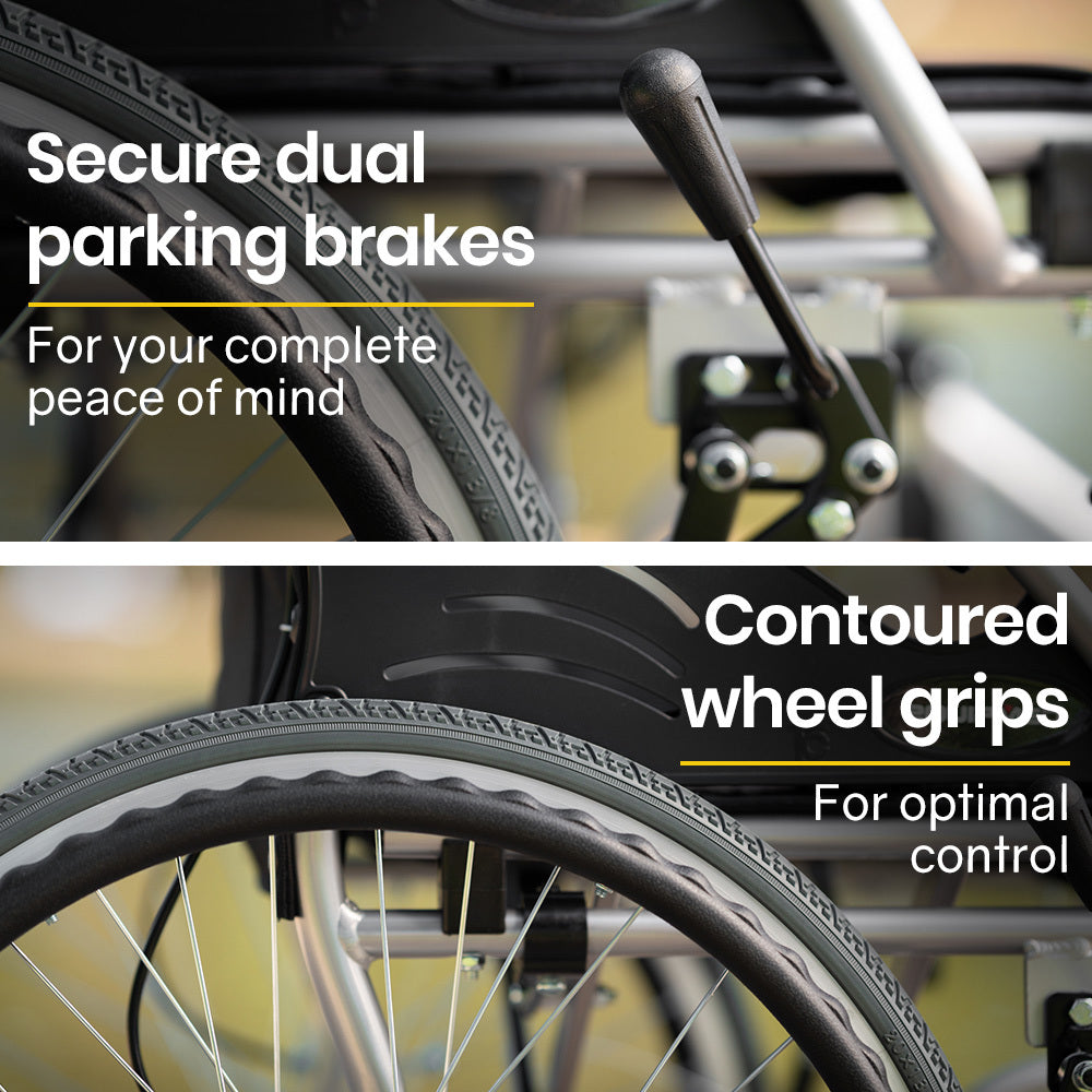 Black EQUIPMED 20-inch folding wheelchair with lightweight aluminum frame, portable design, and park brakes for easy mobility.