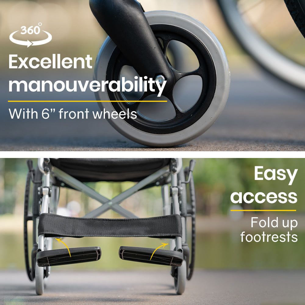Black EQUIPMED 20-inch folding wheelchair by Hlpmedical, lightweight aluminum frame with portable design and park brakes.