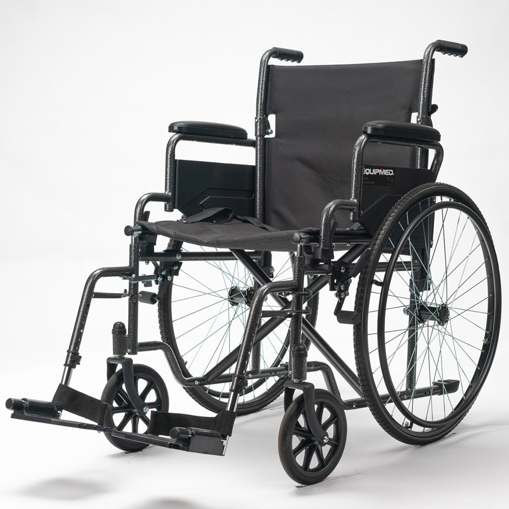 Equipmed 24-inch folding bariatric wheelchair by Hlpmedical with XL width, dark grey hammertone finish, park brakes, and retractable armrests.