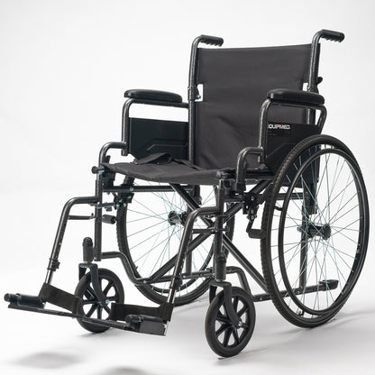 Equipmed 24-inch folding bariatric wheelchair by Hlpmedical with XL width, dark grey hammertone finish, park brakes, and retractable armrests.