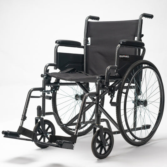 Equipmed 24-inch folding bariatric wheelchair by Hlpmedical with XL width, dark grey hammertone finish, park brakes, and retractable armrests.